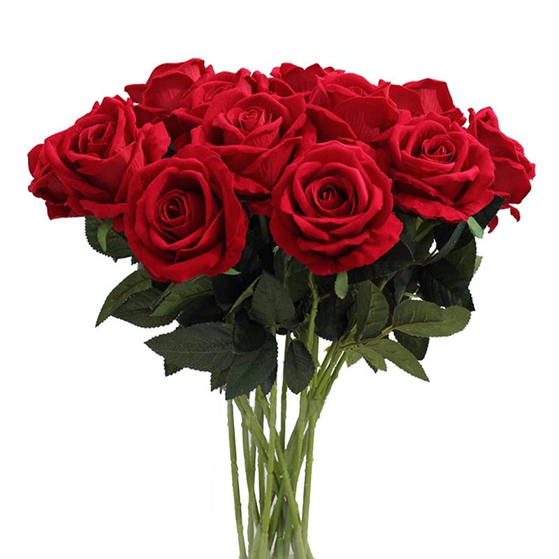 AMZALI Artificial Flowers, Real Looking Blush Fake Rose Long Stem Silk Artificial Rose Flowers Home Decor for Bridal Wedding Bouquet, Centerpieces Birthday Flowers Party Garden Floral Arrangement Red - Image 1